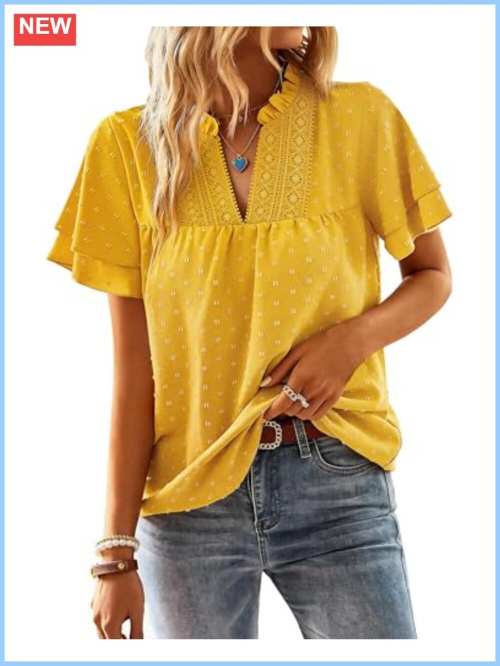 Womens Swiss Dot Ruffle Butterfly Sleeve V Neck Blouse 100% Polyester Summer Top